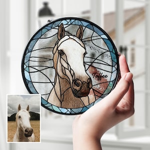 写真からカスタム馬の肖像サンキャッチャー、ガラス製サンキャッチャー、ペットメモリアル、パーソナライズされたペット肖像馬愛好家へのギフト