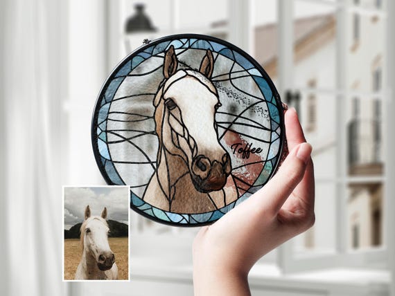 Custom Horse Portrait from Photo Suncatcher, Glass Sun Catcher, Pet Memorial, Personalized Pet Portrait Horse Lover Gift