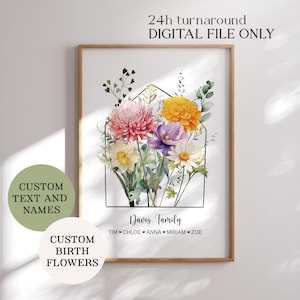 Family birth flower bouquet, Personalized birth month flower digital print, Mom Christmas gifts, Floral family portrait, Printable wall art