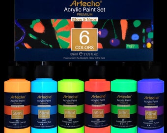 Artecho Acrylic Paint Set for Art Painting-  6 Neon and Glow in the Dark Colors 2-in-1 59mlWood, Fabric, Crafts, Canvas, Leather&Stone
