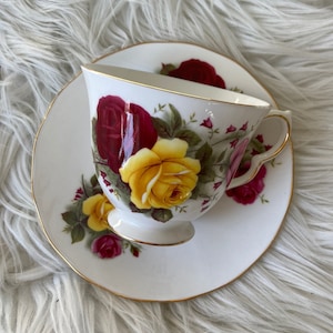 QUEEN ANNE Roses Teacup and saucer Fine Bone China pink yellow and red roses Gold Trim England Vintage Footed 8519 Ridgway Potteries