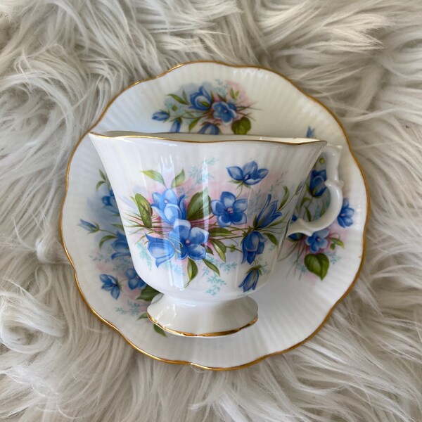 Vintage Royal Albert Blue Floral Pattern Bone China Scalloped Teacup and Saucer