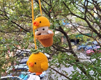 Crochet Duck Car Hanging: Handmade Wool Rearview Mirror Charm
