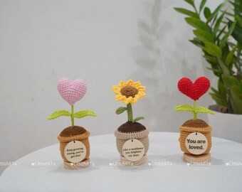 Mini Smiling Flower, Desk Decor, Gift of Encouragement, Boho Home Decor, Heart crochet, Handmade Crochet Plant in Pot, Christmas gift