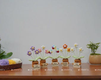 Colorful Crochet Flower Pot, Emoji crochet flower pot, Mini smiling flower, Crochet happy face flower, Handmade crochet plant in pot