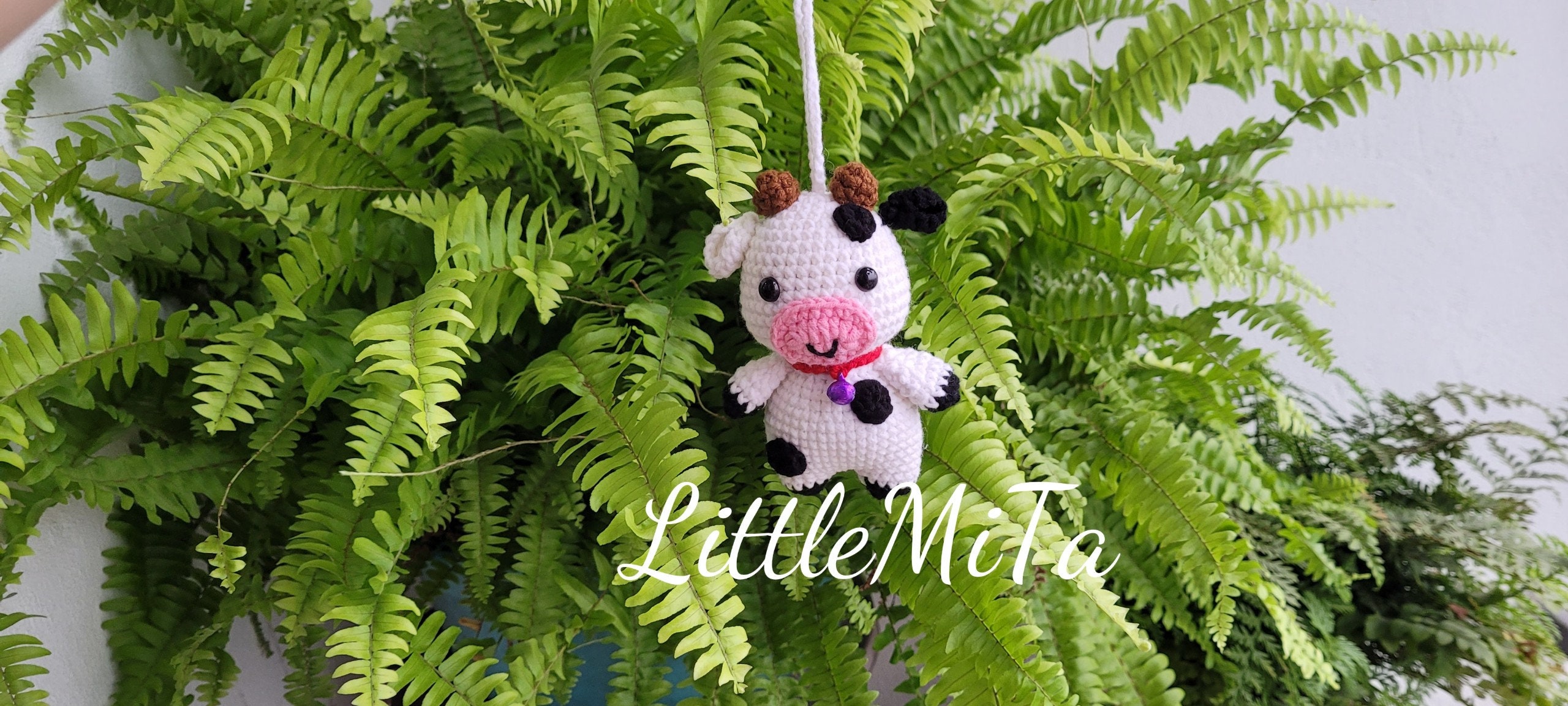 Handmade Crochet Cow Car Charm: Rearview Mirror Hanging Accessory