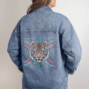 Tiger Mom, Mama Oversized Boyfriend Denim Jacket, First Time Mom Gift, Mom First Mothers Day Gift, Vintage Mom Retro