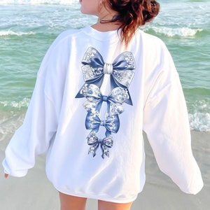 Trendy Aesthetic Coquette Blue Ribbon Bow Graphic Sweatshirt, Chic Streetwear, Unique Pullover for Her