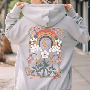 Retro Boho Rainbow Hoodie, Vintage Floral Moon Hoodie, Aesthetic Graphic Hoodie, Bohemian Flower Sweatshirt, Artistic Nature Hoodie