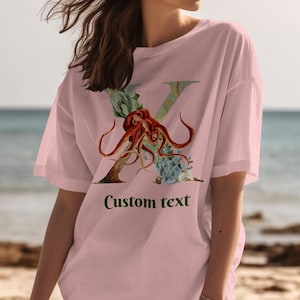 Camiseta personalizada com texto polvo alfabeto náutico letra X, camiseta unissex, camiseta gráfica vida oceânica, presente de biologia marinha, roupa casual
