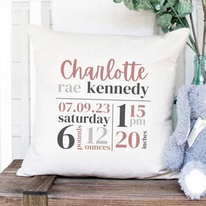 May include: A white pillow with the text "Charlotte Rae Kennedy" in pink script. The text "07.09.23 Saturday 11:15 pm" is in black and grey. The text "6 pounds 12 ounces 20 inches" is in black and grey with the words "pounds", "ounces", and "inches" in smaller font.