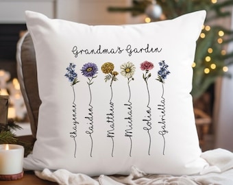 Grandma's Garden Personalized Birth Flower Birth Month Pillow Cover, Custom Gift, Gift for Her, Mothers Day Gift, Birthday Gift, Mom, Nana