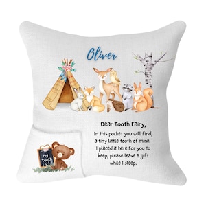 Personalized Woodland Animals Tooth Fairy Pillow Cover - Soft and Cozy Fabric with Pocket Design to Safely Keep Your Child&#39;s Lost Tooth