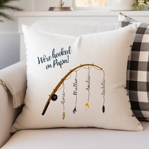 Funda de almohada &quot;Enganchado al abuelo&quot;, personalizable con los nombres de los nietos, idea de regalo para el Día del Padre, decoración de pesca, almohada de pescador, regalo de pescador