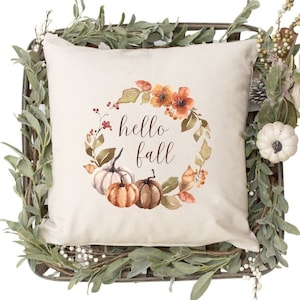 Hello Fall Pillow Cover, Watercolor Pumpkin Wreath, Fall Home Decor, Fall Porch Decor, Autumn Throw Pillow, Fall Entryway Decor, Harvest