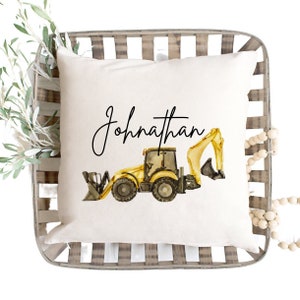 Construction Pillow Cover With Child Name, Personalized Children’s Pillow, Kids Bedroom Decor, Kids Decor, Nursery Decor, Name Gift, Backhoe
