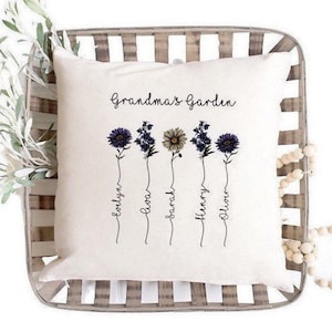 Grandma’s Garden Pillow Cover with Grandchildren’s Birth Flower & Name, Personalized Gift, Mother’s Day, Handmade Gift, Last minute Gift