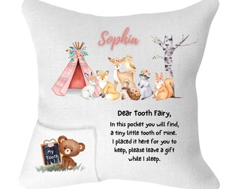 Personalized Pink Woodland Animals Tooth Fairy Pillow Cover - Soft and Cozy Fabric with Pocket Design to Safely Keep Your Child's Lost Tooth