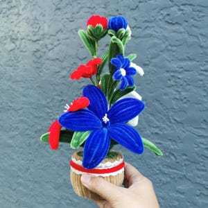 Red White Blue Pipe Cleaner Lily Flower Bonsai, Handmade Floral Arrangement, 4th of July Decor, Memorial Gift, American Flag Color, Patriot