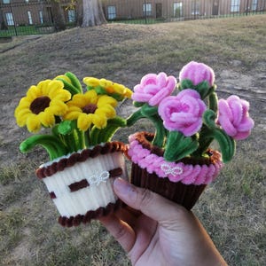 May include: Two small potted flower arrangements crafted from pipe cleaners. One pot is white with brown trim and yellow sunflowers, while the other is brown with pink trim and pink roses. Each pot features a small white decorative bow accent.