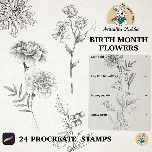 Birth Month Flowers Procreate Brush Set/ Handdrawn Pencil  Sketches Stamps
