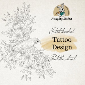 Diseño de tatuaje de halcón en flores / Tatuaje de pájaro con flores / Plantilla de tatuaje / Obra de arte imprimible / Diseño de tatuaje para mujeres