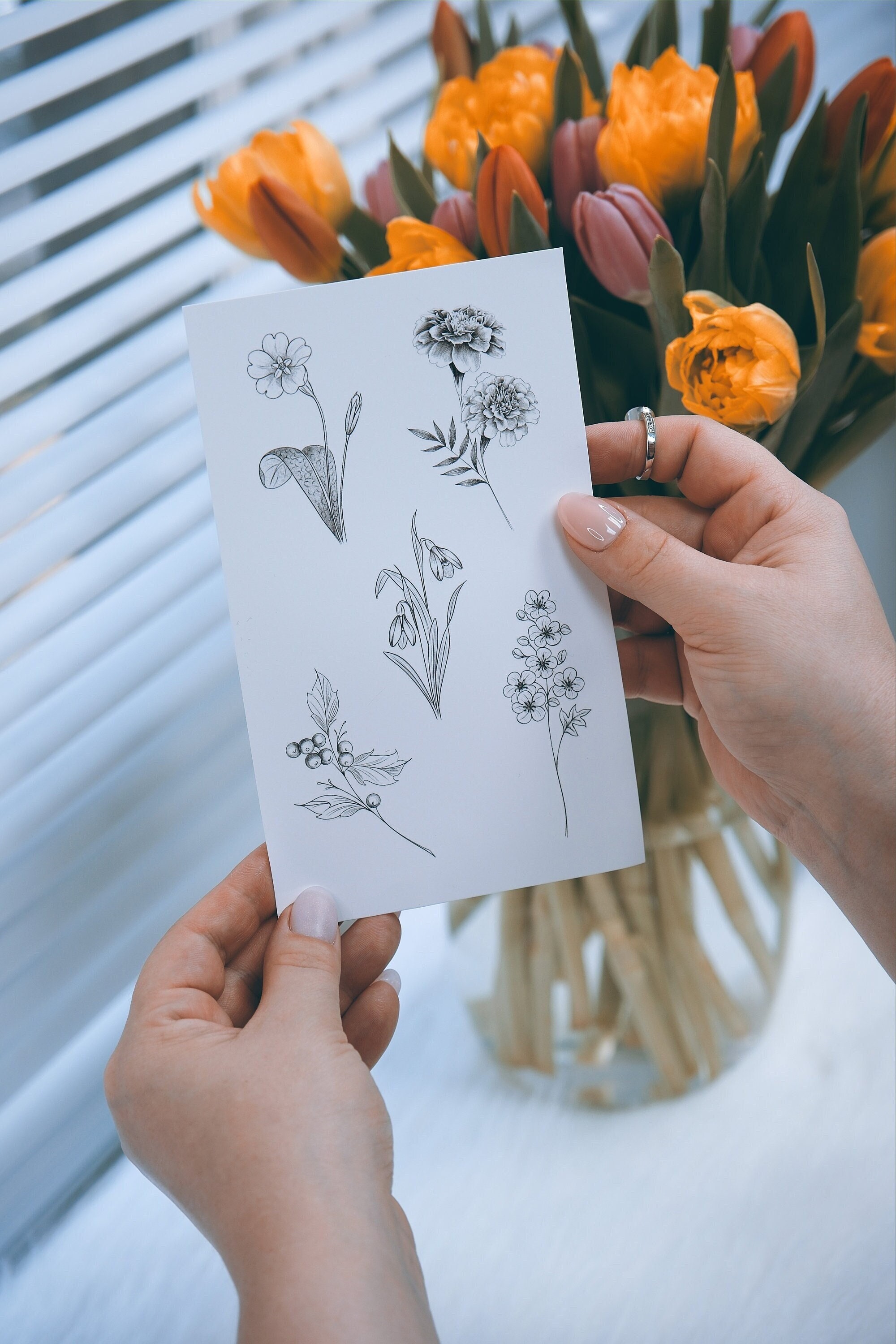 Temporary tattoos birth month flowers set #2 Marigold,primrose,snowdrop,holly berry,hawthorn.