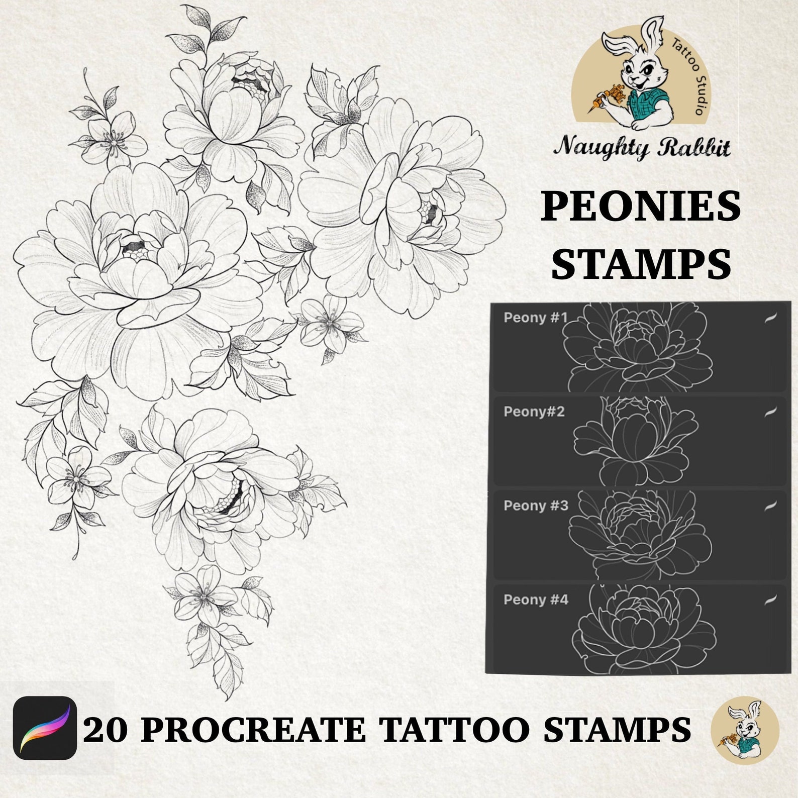 Peony Procreate Brush Set/unique Tattoo Stamp Brushes/digital Art ...