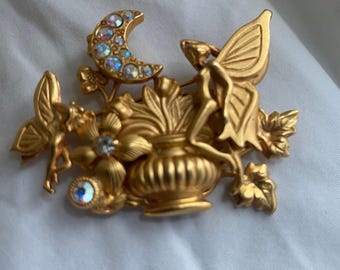 Vintage Kirks Folly Rhinestone Fairy Moon Brooch goldtone Celestial magic