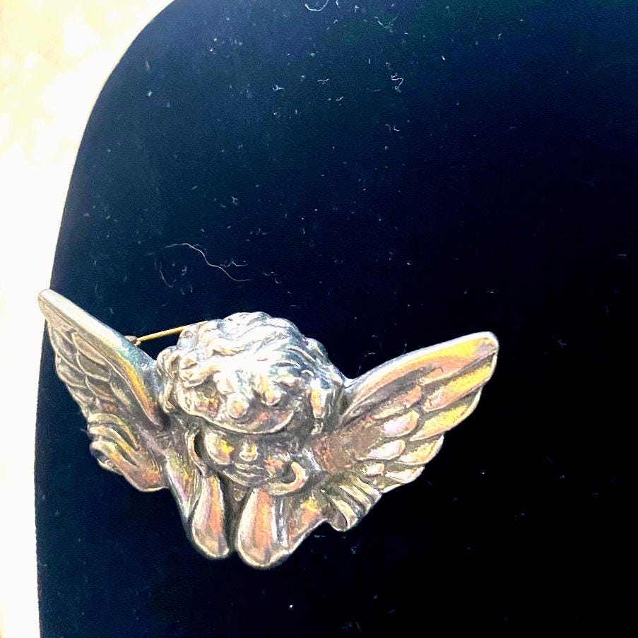 Vintage Sterling silver Cherub Angel Brooch pin Religious Jewelry Gift For Her