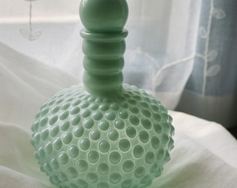 Vintage Green Hobnail Glass Perfume Bottle Midcentury vanity decor art glass