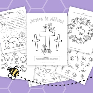 Pages à colorier de Pâques (paquet de 6) | Activité d&#39;école du dimanche | Dimanche de la Résurrection | Jésus est ressuscité | Tombe vide | Agneau | Colombes | Fleurs de printemps
