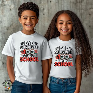 Eye Survived 100 Days of School Youth Short Sleeve Tee - Cartoon Eyes and Pencils Design, Teacher Gift, School Milestone, Fun Educational