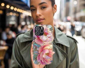 Stained Glass Peony iPhone Case: 3D Floral Phone Cover with Gold