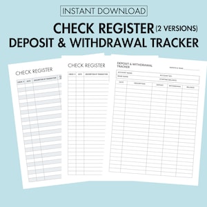 Checkbook Register Printable Check Transaction Tracker Check Ledger, Checkbook Planner Bank Balance Log PDF Deposit and Withdrawal Tracker