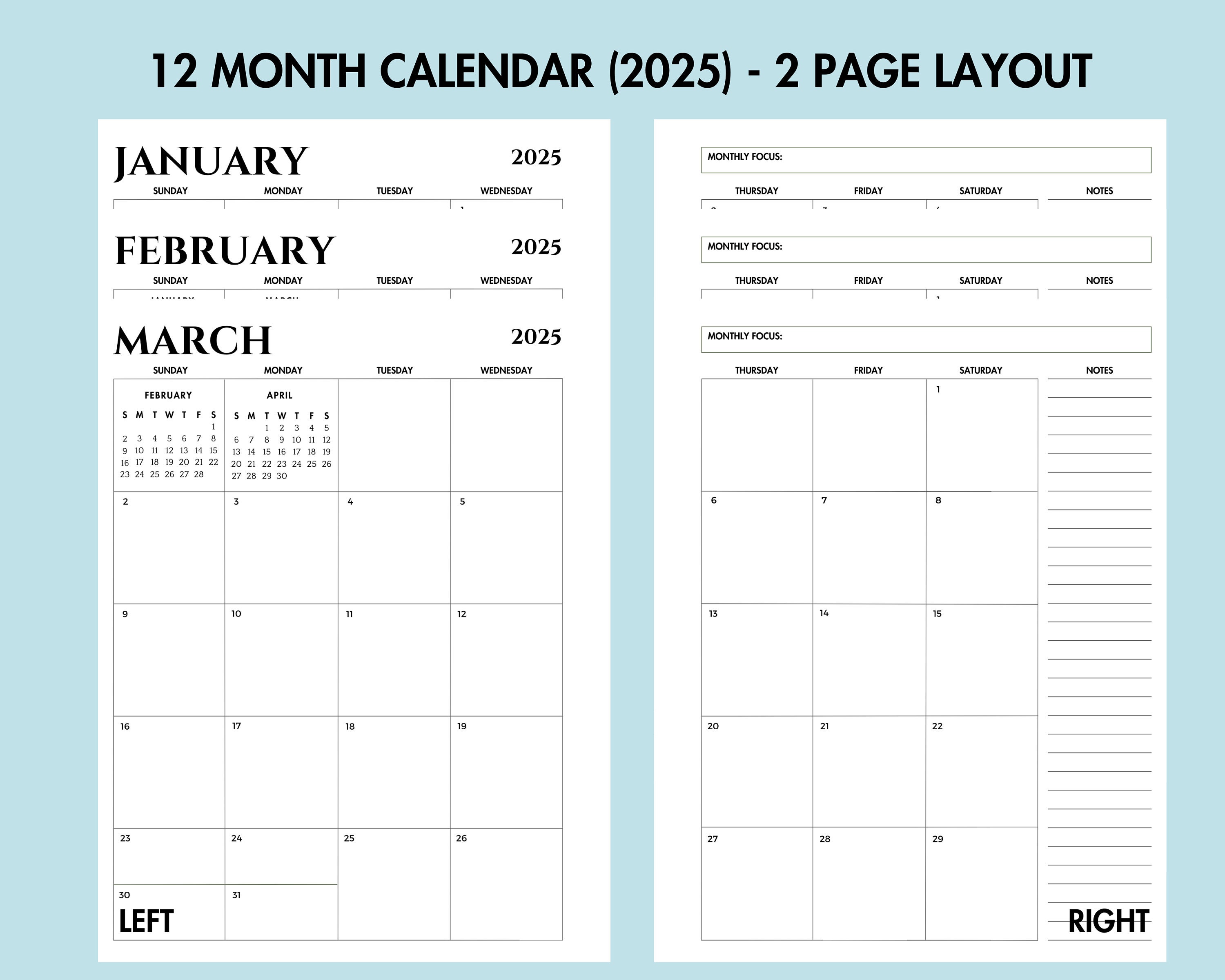 20242025 Monthly Calendar Printable With Month at a Glance and Notes