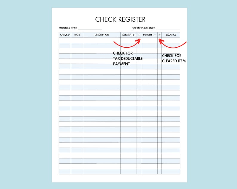 Check Register Printable for Personal Checking Account and Small