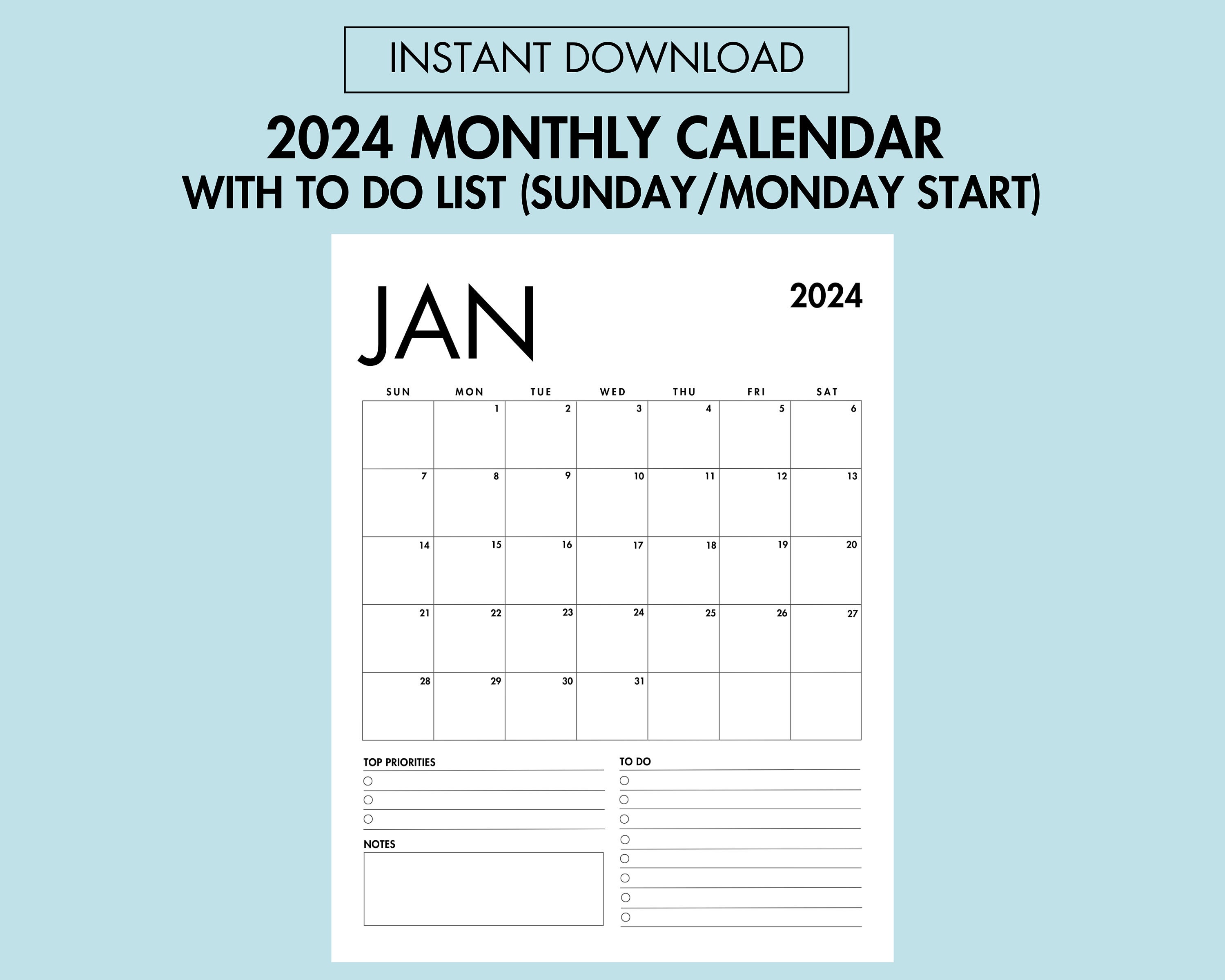 Monthly Calendar Planner 2024 Minimalist Calendar With to Do Etsy