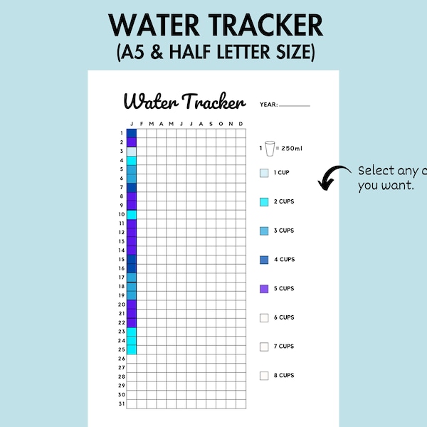 Water Tracker Printable, Hydration Tracker, A5 Planner Inserts, Water Intake Tracker, Health Tracker, Printable Tracker, Daily Water Tracker