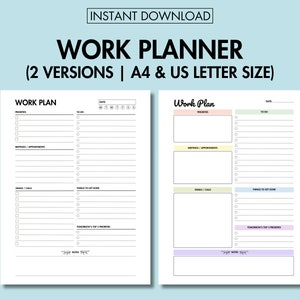 May include: Two printable work planner pages in A4 and US letter size. The left page has a black and white design with sections for priorities, to-do, meetings, emails, things to get done, and tomorrow's top 3 priorities. The right page has a colourful design with sections for priorities, to-do, meetings, emails, things to get done, and tomorrow's top 3 priorities. Both pages have a section for "more notes".