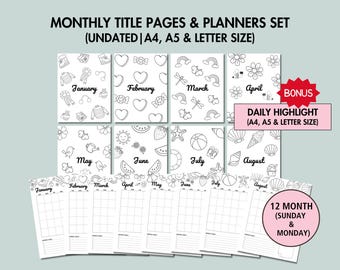 Monthly Journal Title Page and Undated Monthly Planner Set Printable Monthly Calendar Cover Page 12 Month Title Cover with Daily Highlight