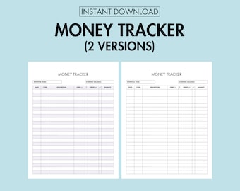 Money Tracker, suivi imprimable des revenus et des dépenses, registre de chéquiers PDF, compte courant personnel, journal des transactions, grand livre de compte bancaire