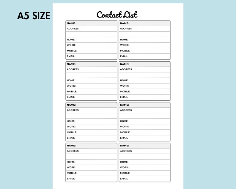 Contact List Printable Personal Contact Organizer Emergency Contact List PDF, Contact ...