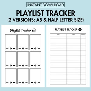 Könnte beinhalten: Zwei druckbare Playlist-Tracker-Vorlagen. Die erste Vorlage hat neun Kästchen mit Platz zum Schreiben von Songtiteln und enthält Play-, Pause- und Rückspul-Buttons. Die zweite Vorlage hat Spalten für Songtitel, Künstler und Dauer.