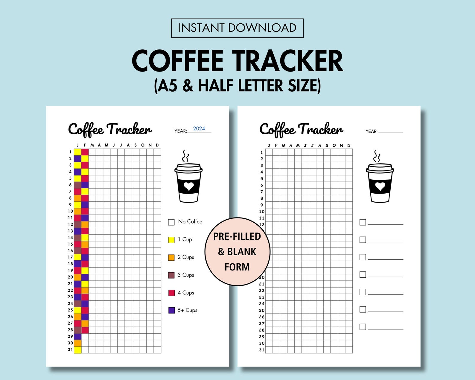 Coffee Tracker Printable Caffeine Log Year in Pixel Daily Yearly Health ...