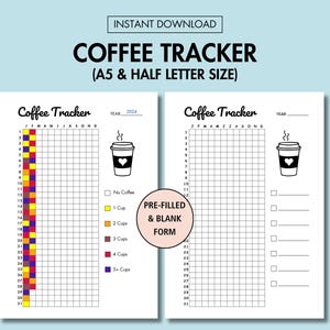 Può includere: Tracker di caffè stampabile in formato A5 e metà lettera. Il tracker ha una griglia per ogni mese dell'anno e una sezione per tenere traccia di quante tazze di caffè bevi ogni giorno. Il tracker è precompilato con una chiave codificata a colori per 0 a 5+ tazze di caffè.
