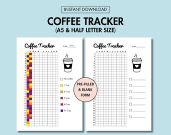 Puede incluir: Plantilla de seguimiento de café imprimible en tamaño A5 y media carta. El rastreador tiene una cuadrícula para cada mes del año y una sección para realizar un seguimiento de cuántas tazas de café bebes cada día. El rastreador está prellenado con una clave codificada por colores para 0 a 5+ tazas de café.