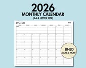 2026 Monthly Calendar Printable 2026 Monthly Planner with Notes, 2026 Lined Calendar Landscape Printable Monthly Planner Sunday Monday Start