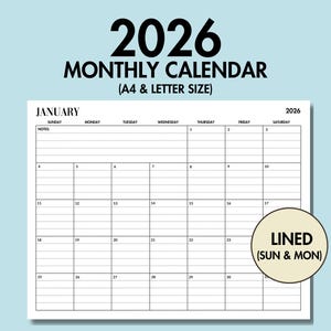 2026年 月間カレンダー 印刷可能 2026年 月間プランナー メモ付き、2026年 罫線入りカレンダー 横長 印刷可能 月間プランナー 日曜月曜始まり