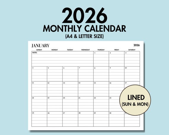 2026 Monthly Calendar Printable 2026 Monthly Planner with Notes, 2026 Lined Calendar Landscape Printable Monthly Planner Sunday Monday Start